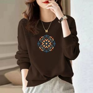 Womens Retro Pure Cotton Sweatshirt Long Sleeve Printed Top Inner Wear Base Shirt Chinese Style Floral Print Comfortable Fit