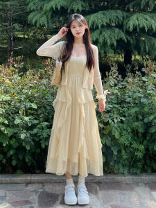 Date Night Fairy Tale Strap Dress Set Womens Open Cardigan Spring Summer New Slimming Lace Hem Long Dress Two Piece Set