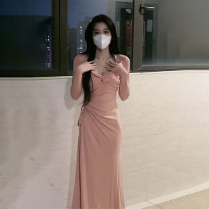 IELGY Womens French style hip-wrapped long dress with long sleeves