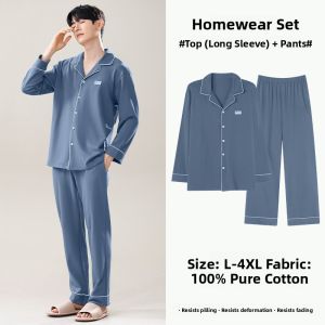MiiOW | Mens Summer Thin Long Sleeve Pure Cotton Pajamas Set Home Clothes Cardigan Large Size Catman Breathable Comfortable Sleepwear