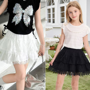 Rolanko Girls Boho Lace Skorts Flowy Ruffle Tiered Crochet Mini Skirts with Built-in Shorts 7-13Years