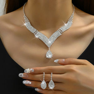 3pcs fashionable rhinestones water droplets necklaces earrings jewelry sets womens wedding accessories