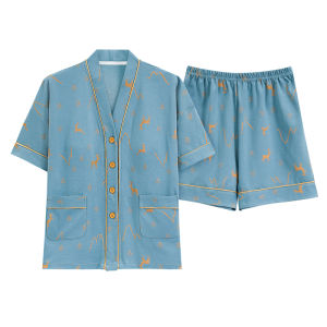 Summer Sleepwear Womens Integrated Pure Cotton Short Sleeve Kimono Sauna Suit Extra Large Size Home Clothes with Chest Pad
