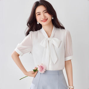XUSHAN | White Bow Tie Striped Shirt For Women