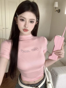 Pink Diamond Powder Short Sleeve T-Shirt for Women Summer New Design Slim Fit Casual Style Stack Collar Top