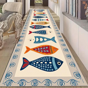 VIKAMA Cartoon Fish Runner Rug Anti-Slip Stain-Resistant Kitchen Floor Mat Spit-Out Hallway Rug Home Decoration