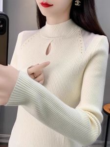 Large Size Womens Knitted Sweater Half High Collar Embellished Inner Wear Top Hollow out Design Autumn Winter Fashionable