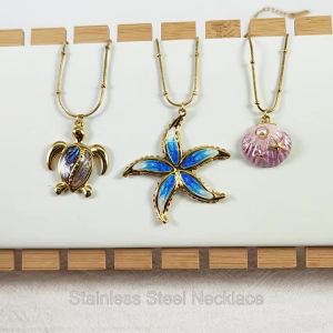 Lokaer Colorful Starfish Turtle Shell Pendant Necklace For Women Gold Color Stainless Steel Summer Bohemia Ocean Jewelry N25094