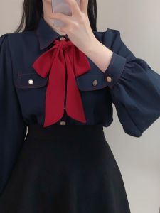 Bows Long Sleeve Chiffon Shirt Spring & Fall Design Fancy Niche Style Chic French Blue Shirt Tops Womens Clothing