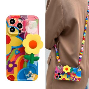 Colorful Yellow Flower Wristband Phone Case for Samsung S24 Ultra S23FE/S22+ Womens Crossbody Rope Anti-Fall Silicone Full Cover Note20 S8/S9 Protective Case S10+