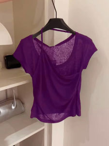 Slim Fit Short Sleeve T-Shirt Purple Design Sensation Fake Two-Piece Top for Summer 2025 New Style Commute Korean Version Straight Tube