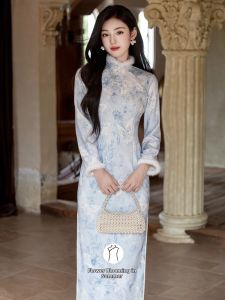 Winter Wear Blue Long-Sleeve Thermal Chinese-Style Dress