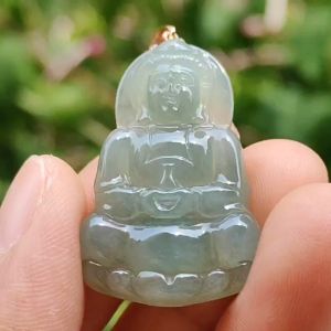 Light Green Good Translucent Natural Type A Jadeite Jade crafted with Guanyin 18k gold clasps as Pendant certificate weighs 6.36 grams measurement 32.2 * 21 * 5.8 mm (18kp49)