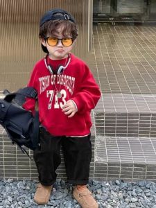 Áo Nỉ Lót Lông Cừu Dáng Rộng Tay Dài Thoải Mái Mùa Thu Đông Đỏ Rực Rỡ Cho Bé Trai Áo Hoodie Phong Cách Hàn Quốc Mùa Thu Đông