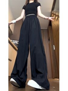 Quần Ống Rộng Màu Đen Cho Nữ Mùa Hè 2025 Quần Ống Đứng Thẳng Phong Cách Lười Biếng Khô Nhanh Quần Dài Thường Ngày Bằng Vải Polyester