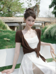 THROUS | Áo Cardigan Dài Túi Nơ Dành Cho Phụ Nữ Tay Ngắn