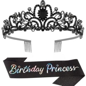 2pcs/set Bling Rhinestone Crystal Crown Tiara Birthday Princess Sash Crown for Women Girl Birthday Party Decoration Kit