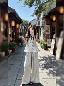 NIUVIES | Bộ Áo Không Tay Chấm Bi và Quần Dài Vải Lanh Thời Trang Hàn Quốc