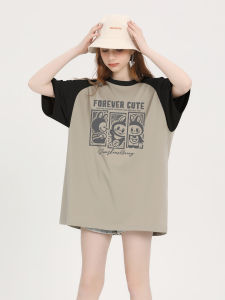 Áo Thun Cotton Tay Ngắn Dáng Rộng Mùa Hè Cho Nữ Thiết Kế Màu Khối in Họa Tiết Hoạt Hình Cổ Tròn Không Cần Ủi