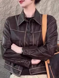 OUCAO | Fashionable Retro Biker Jacket Womens Short Leather Coat Versatile High Street Style Autumn 2025 Button Detail Pure Color
