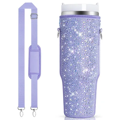 1 water bottle bag with sparkling diamond suitable for Stanley 40oz water bottle holder bag with handle and adjustable strap