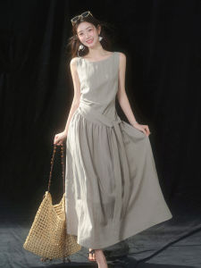 Breathable Round Neck Tied Waist Dress Linen and Lyocell