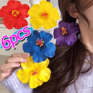 6Pcs Hibiscus Simulated Flowers Hairpin Hawaiian Bohemian Vacation Beach Side Bangs Clip Small Hair Clips Hair Accessories Flowers Girls Barrettes
