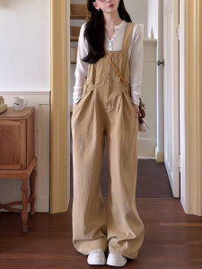 American Retro Workwear Denim Overalls Womens Spring Autumn Loose Slimming Casual Versatile Wide Leg Jumpsuit Long Pants