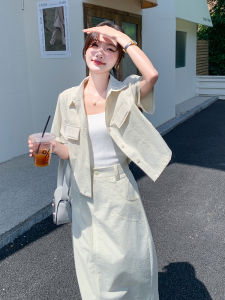 Beige Casual Short Sleeve Shirt Top Set High Waist Mini Skirt Women Summer 2025 New Style Two Pieces Set Fashionable Ensemble