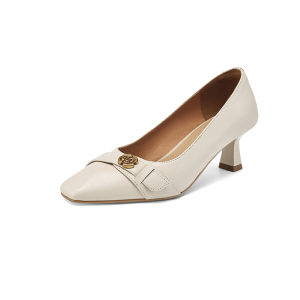 รองเท้าส้นสูงหัวเหลี่ยมสไตล์ฝรั่งเศสสำหรับผู้หญิง รองเท้าทำงานสีดำ รองเท้าทำงานส้นสูงแบบลำลอง รองเท้าทำงานส้นแบน รองเท้าทำงานส้นแบน