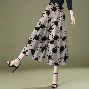 Womens Silk Wide Leg Seven-Quarter-Length Casual Trousers Autumn New Loose Multi-choice Pants Skirt High-waisted Polyester Fiber