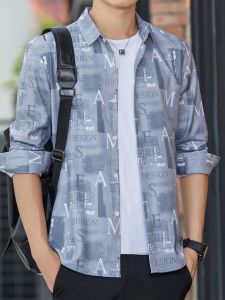 ROMON | Romon Mens Long Sleeve Shirt Spring Autumn Loose Casual Non-iron Slim Fit Printed Workwear Shirt Jacket Trendy Open Cardigan