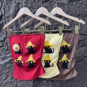 Thai Style Spicy Girl One Shoulder Crop Top Womens Summer Vest with Chest Pad Cat Print Halter Neck Short Length Fashionable