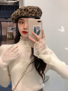 French Lace Trim Half High Collar Long Sleeve Womens Base Shirt Spring Autumn Small Fragrance Style Inner Wear Knitted Sweater Fashionable Top