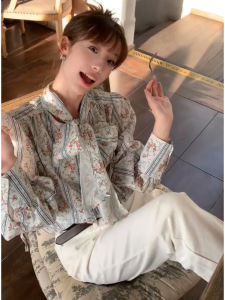 French Style Retro Bow Bandage Floral Lantern Long Sleeve Shirt Womens Elegant Youthful-Looking Loose Slim Fit Versatile Top