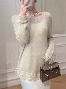QINGNAER | Elegant Lace Detail Knitwear Plus Size Fall Womens Sweater