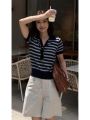 YUEZHONGWEI | Áo thun polo tay ngắn dệt kim lụa băng American Shoulder Color Block Stripes dành cho nữ mùa hè ôm vừa vặn thon gọn. 