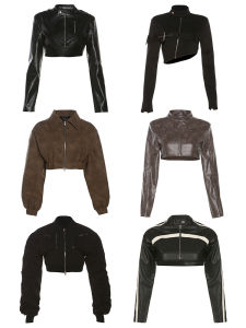 American Style Short Jacket Leather Coat Womens Jazz Dance Clothes Long Sleeve Streetwear Straight Cut Model DWT0018