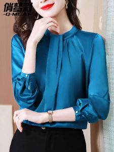 เสื้อเชิ้ตผ้าซาตินอะซิเตทแขนยาวฤดูใบไม้ร่วง 2025 ใหม่ ชุดทำงานสไตล์เกาหลีหลวมๆ สีสันสดใส ปกกลม แขนยาว ปกติ