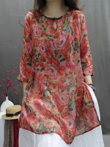 Vintage Print Cotton Linen Shirt Light Thin Loose Blouse