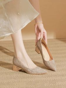 สีแชมเปญส้นหนาสบายส้นกลาง เรียบหรู ผู้หญิง รองเท้าสําหรับงานเลี้ยงงานแต่งงานและชุด Qipao Superfine Fiber ภายใน