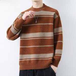 HENGYUANXIANG | Hengyuanxiang Mens Thickened Knitted Sweater Stripe Pattern Round Neck Winter Warm Casual Loose Fit Long Sleeve T-Shirt