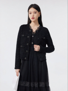 BADINA | Áo Blazer Tweed Cổ Trụ Đen Viền Ngọc Trai
