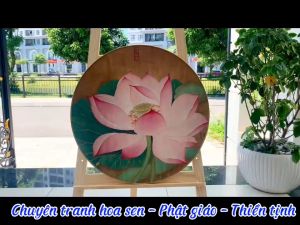 Tranh hoa sen tròn canvas mộc mạc giản dị tặng đinh treo (tùy chọn tráng gương)