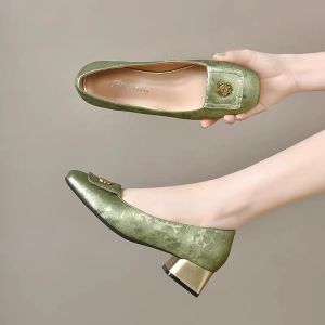 Brand New 2024 Spring Summer Green Leather Thick Heel Mary Jane Shoes Soft Bottom Medium Heel round Toe Fashionable Womens Footwear