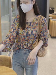 New Fashionable Printed Shirt Women Summer Design Loose round Neck Beautiful Top Korean Style Commute Long Sleeve Printed Shirt