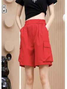 Red Summer Shorts Womens Casual Thin Quick Dry Work Pants High Waist Loose Wide Leg Medium Length Sports Pants