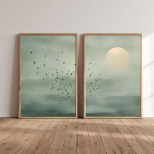 Japandi Wall Art Set of 2 Sage Green Landscape Poster Minimal Zen Sunset Print Scandinavian Wabi Sabi Neutral Nature Decor Gift