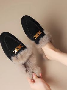 Xiaoluo Original Leather One Pedal Fluffy Slippers Womens Outwear Frosted Goatskin Half Slippers Mules Shoes Autumn and Winter Shoes