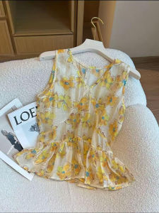 Shalldoer | Retro Floral Patchwork Sleeveless V-Neck Summer Shirt Womens New Design Casual Loose Fit No Button Striped Pattern Top